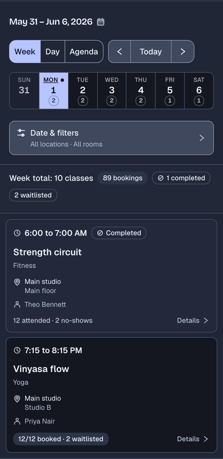 The staff calendar for one week at Example Studio: 10 classes, 89 bookings, 2 waitlisted. Monday's 6:00 AM Strength circuit is completed with 12 attended and 2 no-shows, and the 7:15 PM Vinyasa flow shows 12/12 booked and 2 waitlisted.