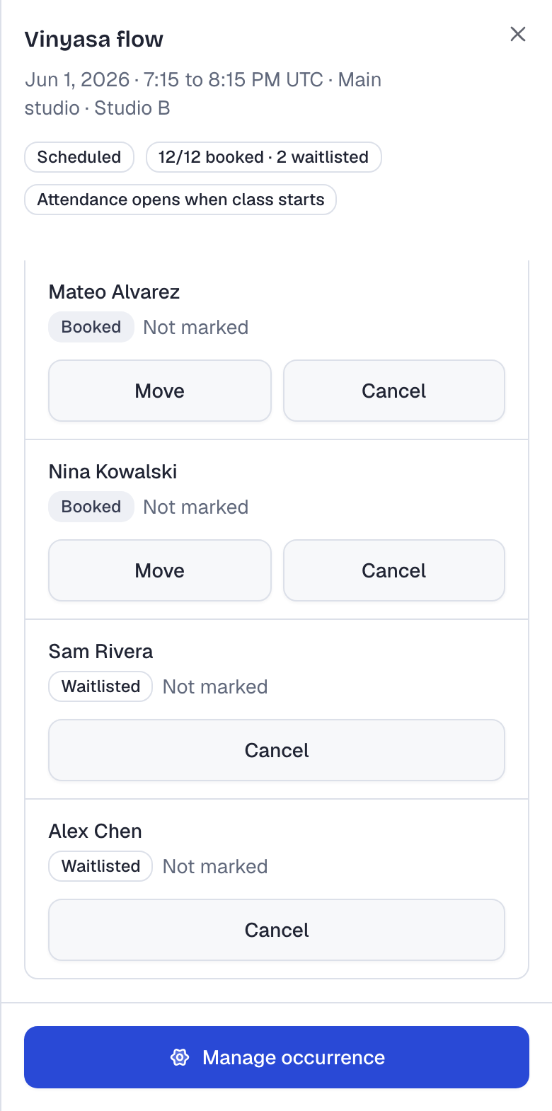 The roster of that Vinyasa flow class in Studio B: 12/12 booked and 2 waitlisted. Mateo Alvarez and Nina Kowalski are booked, and Sam Rivera is first on the waitlist.