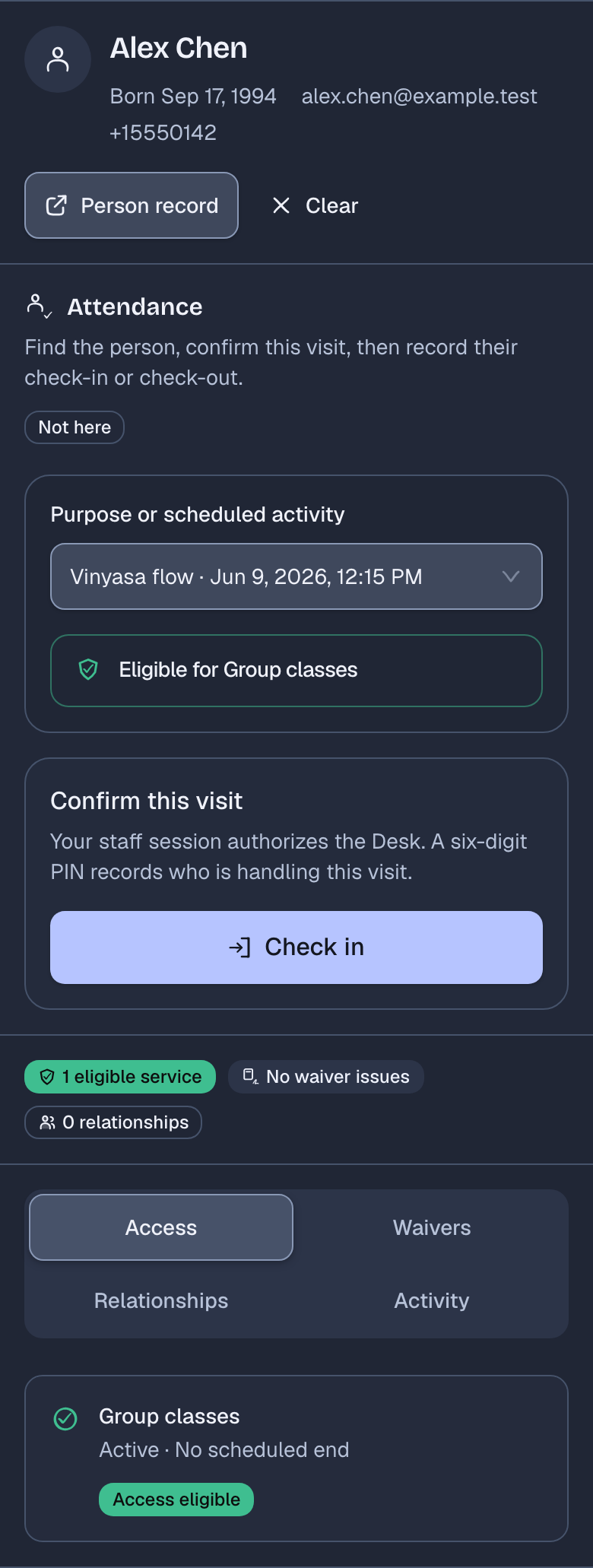 Alex Chen's record at the Desk after the payment, with a Vinyasa flow class selected. The attendance panel reads Eligible for Group classes and offers Check in.
