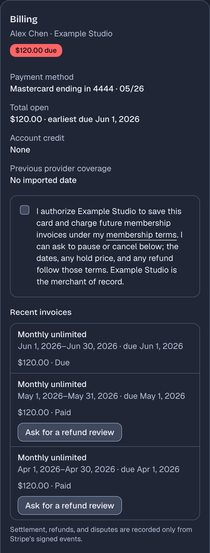 The Billing card in Alex Chen's member portal. The saved card is a Mastercard ending in 4444 that has expired, and $120.00 is open. Under Recent invoices, the new Monthly unlimited invoice is due, and the two before it are paid.